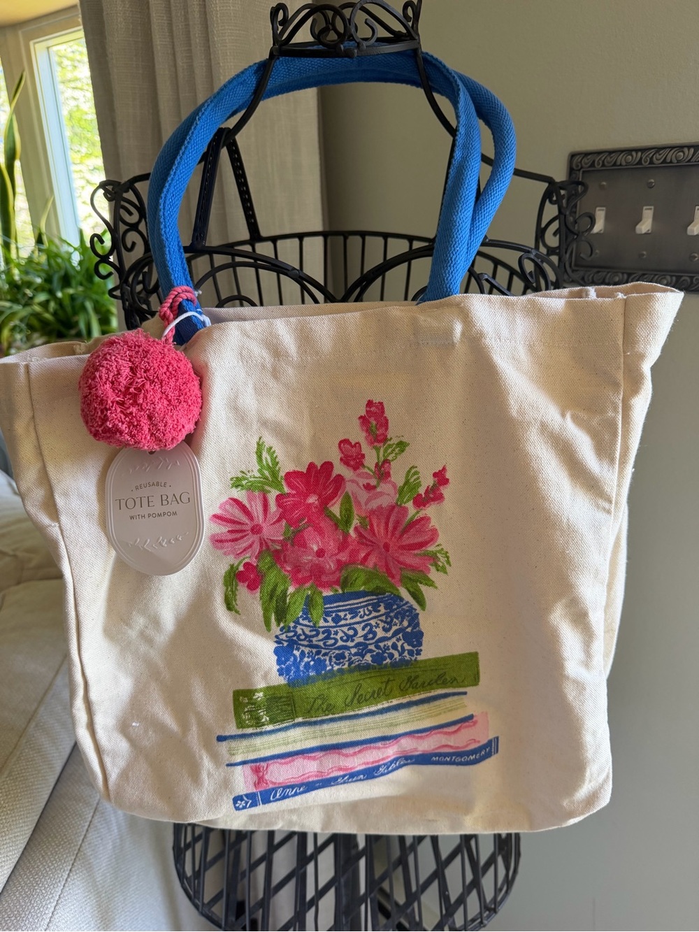 Canvas Floral Tote Bag with Blue Handles and Pink Pom-Pom